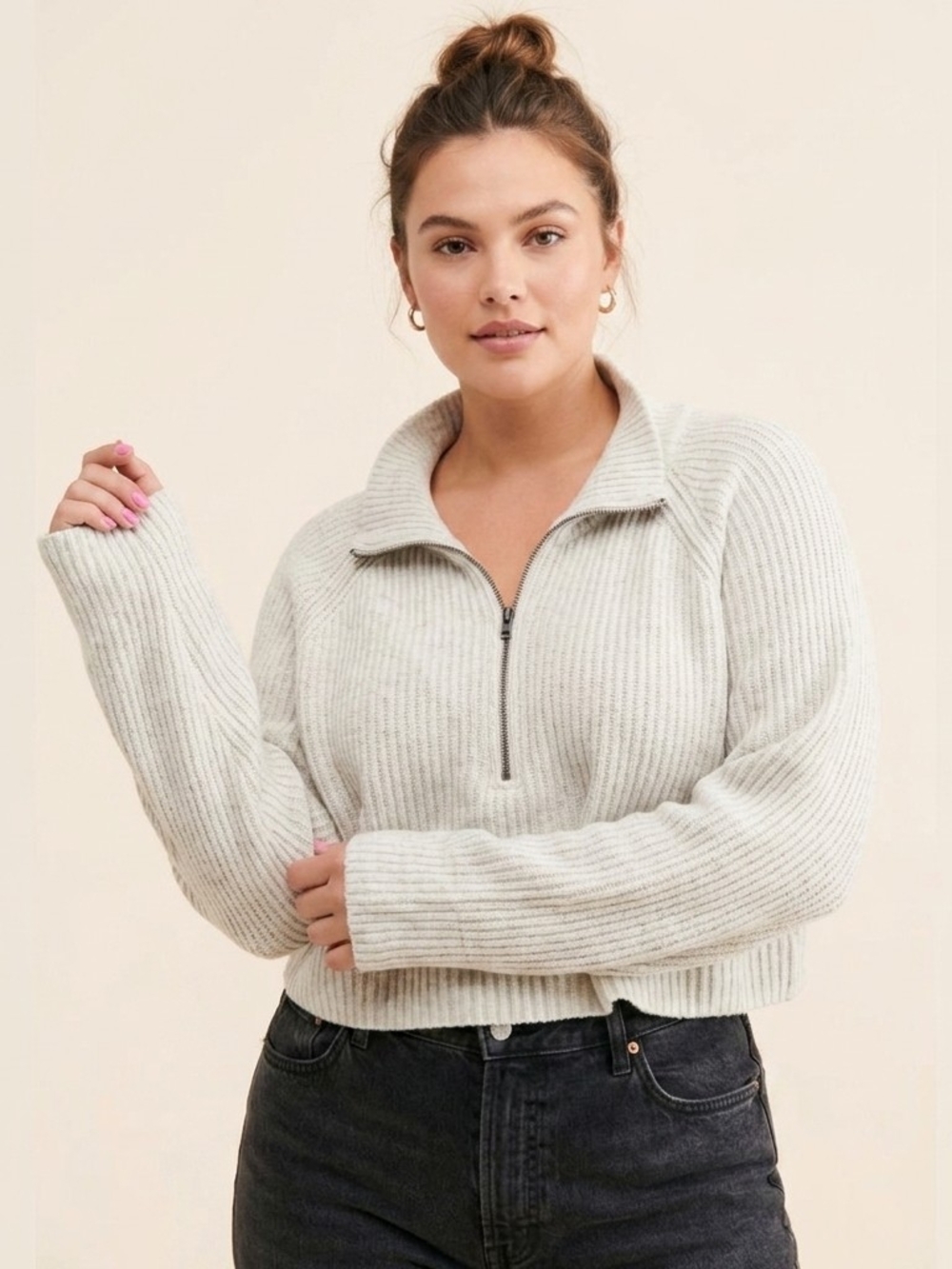Free People Ribbed Half-Zip Turtleneck Sweater in Light Heather